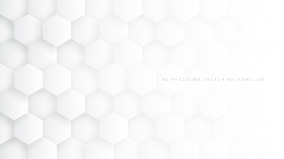 Technologic 3D Vector Hexagon Blocks White Abstract Background. Conceptual Sci-fi Hexagonal Structure Pattern Minimalist Light Wallpaper. Clear Blank Subtle Textured Banner Backdrop