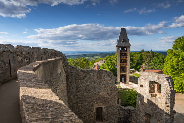 Castle Frankenstein in beautiful Odenwald Frankenstein Castle, Germany - May 14th, 2019. The medieval hilltop castle is located in the Odenwald near the city of Darmstadt in southern Hesse. odenwald photos stock pictures, royalty-free photos & images