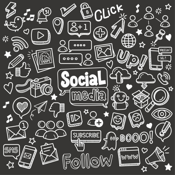 ilustraciones, imágenes clip art, dibujos animados e iconos de stock de social media chalkboard doodle vector illustration. - social media