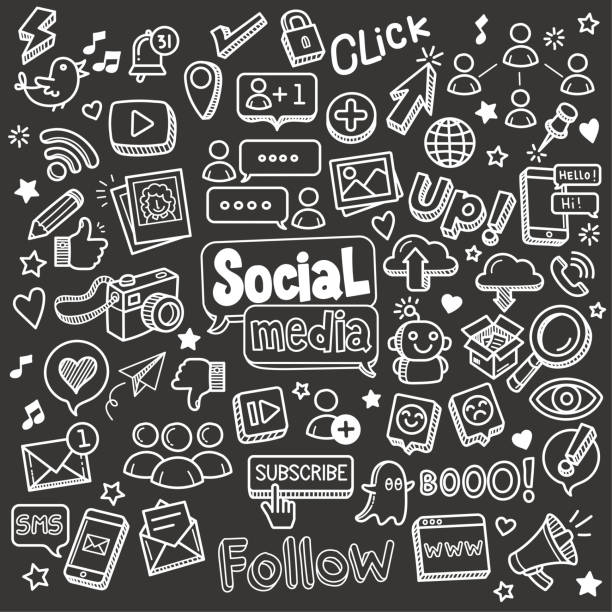 Social Media Chalkboard Doodle Vector Illustration. Social media related object and element collection. Hand drawn vector doodle illustration over chalkboard isolated on black background. cartoon robot images stock illustrations