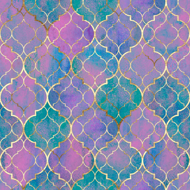 ilustrações, clipart, desenhos animados e ícones de teste padrão sem emenda geométrico abstrato da aguarela. telhas árabes. efeito caleidoscópio. textura do mosaico do vintage do watercolour - backgrounds green pink silk