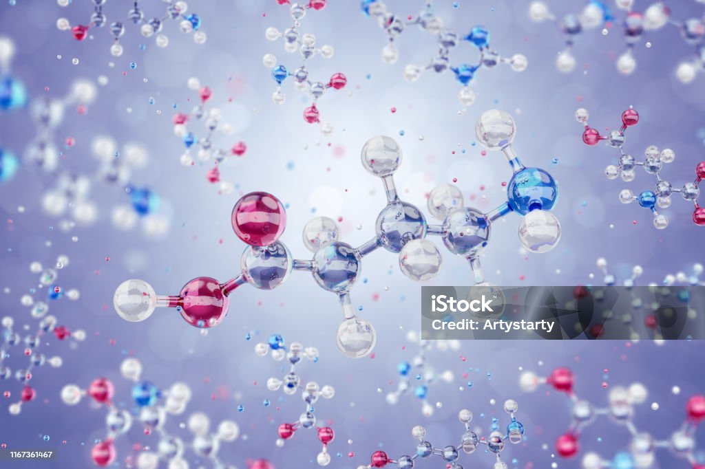 GABA Molecule GABA Molecule. 3D model of a neurotransmitter Gamma-Aminobutyric Acid represented in form of a schematic molecular structure levitating among of other organic substances. 3D rendering graphics. Gaba Stock Photo