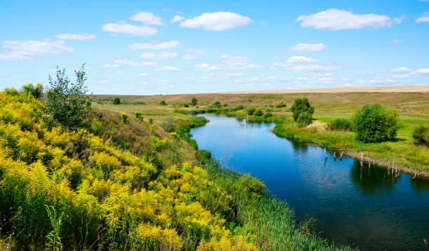 istock Sunny landscape with river and blue sky 1167362790