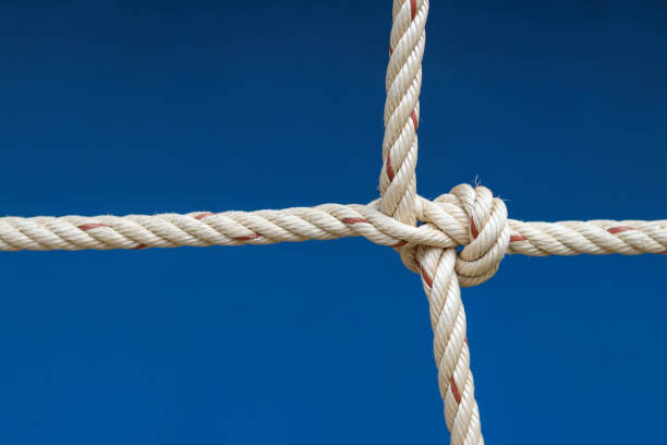 istock Nylon rope tied into a knot with blue background. 1167365053
