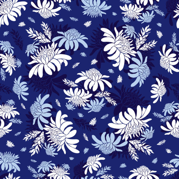 вектор синий факел имбирь цветок тропический цветочный бесшовный узор. подходит для текстиля, подарочной упаковки и обоев. - torch ginger stock illustrations