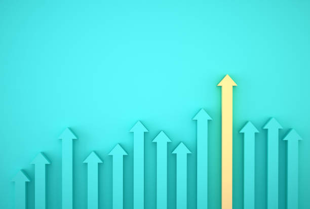 abstract of yellow arrow graph on blue background, corporate future growth plan. geschäftsentwicklung zum erfolg und wachsendes wachstumskonzept. - high efficiency stock-fotos und bilder