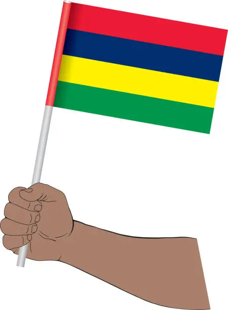 Vector illustration of Hand holding national flag of Mauritius