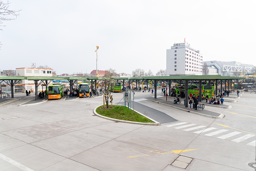 Berlin, Berlin/Germany - 24.03.2019: An overview of the bus station Berlin with buses, covered waiting areas and lanes.