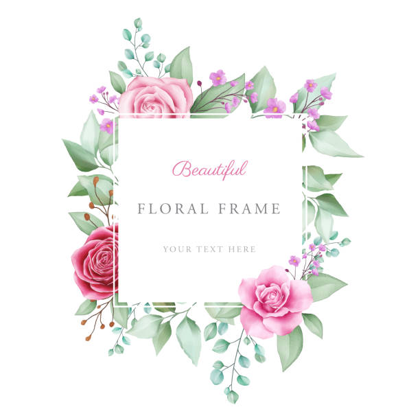 아름다운 기하학적 수채화 꽃 프레임 - wedding invitation rose flower floral pattern stock illustrations