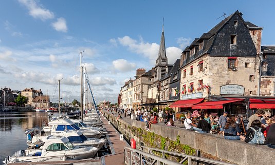 Honfleur, France - July 27, 2019: The old port of Honfleur, famous for having been painted many times by artists, on August 13, 2016 in Honfleur, France