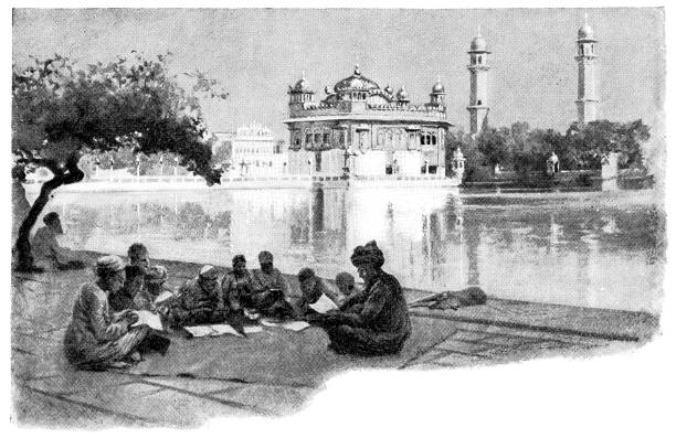 ilustraciones, imágenes clip art, dibujos animados e iconos de stock de grupo de estudiantes en el templo dorado harmandir sahib en amritsar, india - british raj era 19th century - punjab