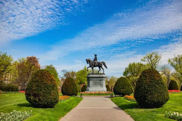 Photo of George Washington Statue in Boston public park in summer.