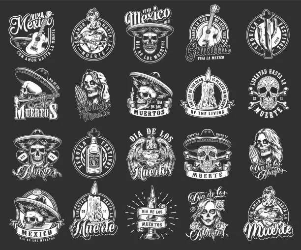 Vector illustration of Day of the Dead monochrome emblems