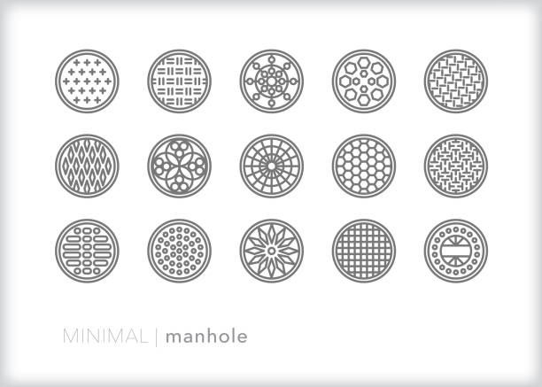 Manhole street cover line icon set Set of 15 different manhole covers for urban infrastructure access to utilities, sewer, underground and electric services manhole stock illustrations