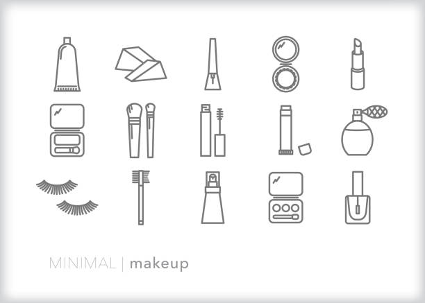 Cosmetic makeup line icon set Set of 15 makeup line icons for applying daily cosmetics for beauty enhancement eyeliner brush stock illustrations