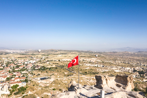 Aerial view of Turkish flag on Cappadocia, Turkey