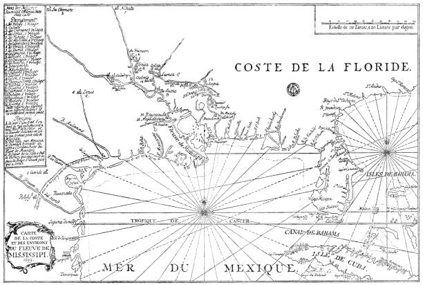 античная карта дельты реки миссисипи пьера ле мойна д'ибервилля - xvii век - mississippi river illustrations stock illustrations