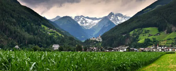 Beautiful view of Campo Tures with Taufers Castle. Valle Aurina near Brunico, South Tyrol in Italy.