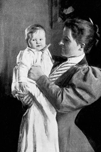 ilustrações de stock, clip art, desenhos animados e ícones de mother and baby in victorian fashion - 19th century - century 19th family women