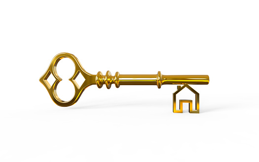 house concept of a key with house symbol 3d illustration on a white background