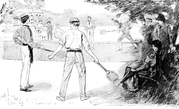 ilustrações de stock, clip art, desenhos animados e ícones de people playing tennis in norfolk, virginia, united states - 19th century - tennis court men racket