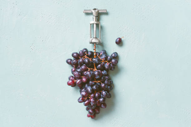 Fresh ripe bunch of grapes with metal corkscrew