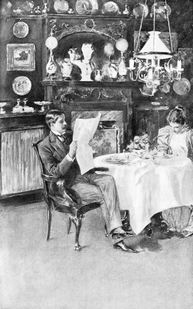 Married Couple Having Breakfast at Home in New York City, New York, United States - 19th Century Well dressed husband and wife having breakfast in their home in New York City, New York, USA. Vintage etching circa late 19th century. breakfast room stock illustrations