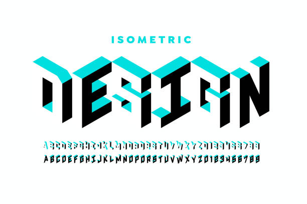Isometric 3d font design Isometric 3d font design, three-dimensional alphabet letters and numbers vector illustration Text stock illustrations