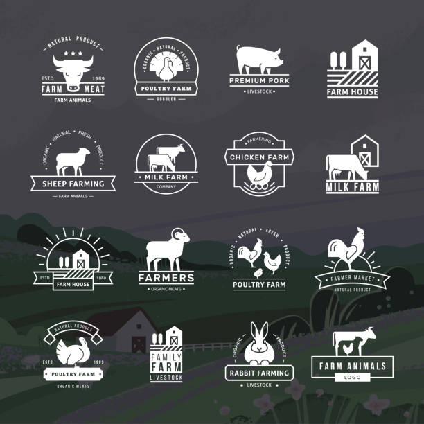 A large collection of vector logos for farmers, grocery stores and other industries A large collection of vector logos for farmers, grocery stores and other industries. Isolated on a vector background drawn farm with fields, plants, and mountains. farm icons stock illustrations