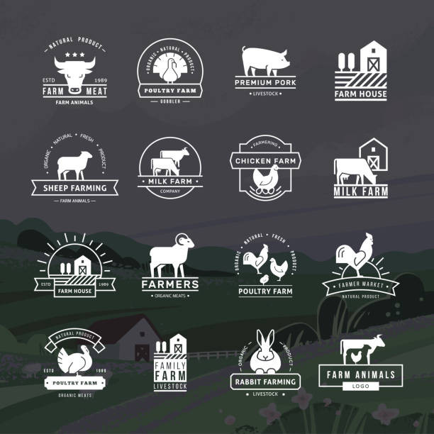 A large collection of vector logos for farmers, grocery stores and other industries A large collection of vector logos for farmers, grocery stores and other industries. Isolated on a vector background drawn farm with fields, plants, and mountains. animal cocks stock illustrations