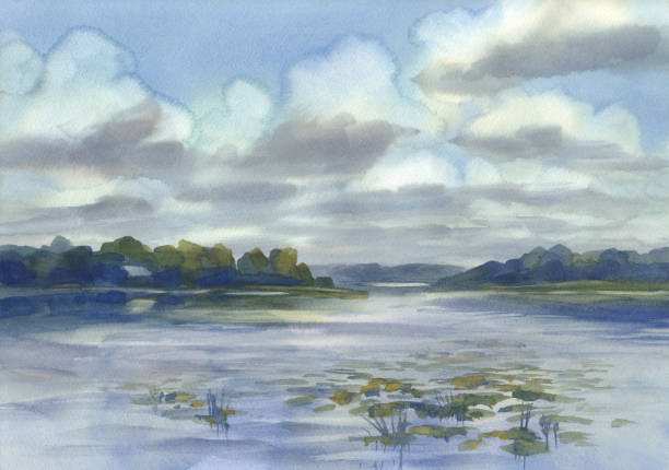 istock Clouds over the lake watercolor background. Summer landscape 1167403667