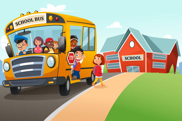 School Kids Getting Off The School Bus Illustration A vector illustration of School Kids Getting Off The School Bus Illustration school bus stop stock illustrations