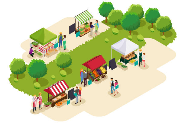 ilustrações de stock, clip art, desenhos animados e ícones de isometric of people shopping at farmers market illustration - farmers market illustrations
