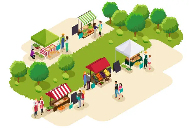 Vector illustration of Isometric of People Shopping at Farmers Market Illustration