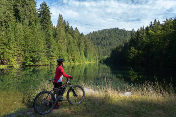 mountain biking in the black forest - germany reservoir water tree imagens e fotografias de stock