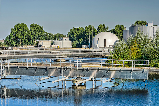Zwolle, The Netherlands, July 26, 2019: view of installations in the wastewater treatment and water purification facility