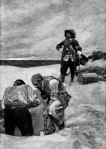 Captain Kidd and pirates burying treasure on Gardiner’s Island in New York, USA (circa late 17th century). Vintage etching circa late 19th century.
