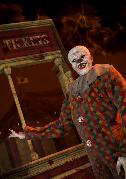 Portrait of a horrible, psycho bald clown on a creepy carnival.
