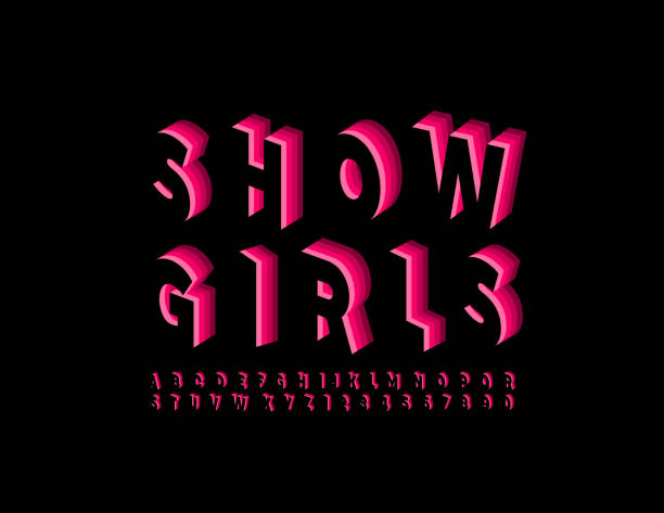 Vector bright poster Show Girls with 3D Uppercase Font. Pink Layered Alphabet Trendy glamour Letters and Numbers burlesque stock illustrations