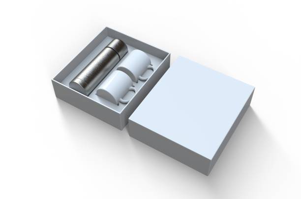 istock Blank stainless steel flask with two coffee mug in a box for branding. 3d render illustration. 1167410168
