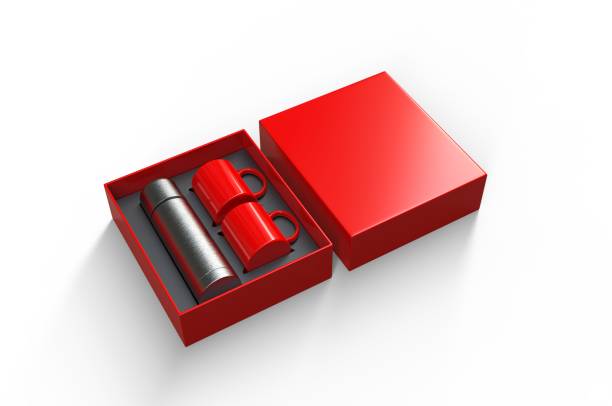 istock Blank stainless steel flask with two coffee mug in a box for branding. 3d render illustration. 1167410171