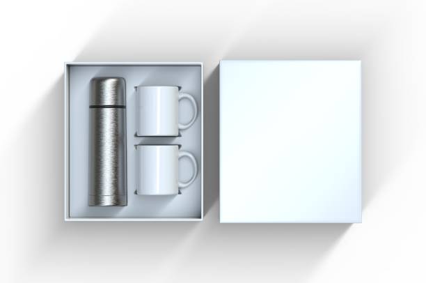 blank stainless steel flask with two coffee mug in a box for branding. 3d render illustration. - horizontal chrome clean corporate business imagens e fotografias de stock