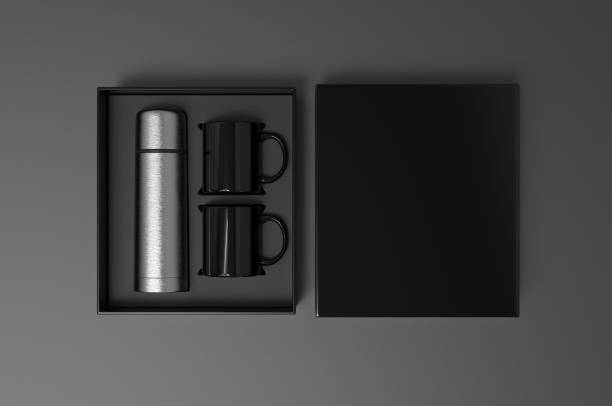 blank stainless steel flask with two coffee mug in a box for branding. 3d render illustration. - horizontal chrome clean corporate business imagens e fotografias de stock