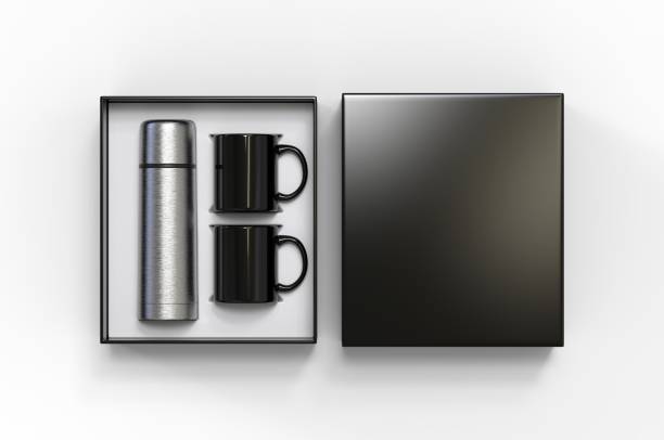 blank stainless steel flask with two coffee mug in a box for branding. 3d render illustration. - horizontal chrome clean corporate business imagens e fotografias de stock