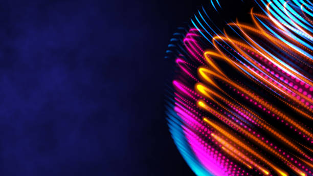 5G digital world internet connecting, neon color light digital global in cyber space with data line transfer link for future connecting technology concept. 3d rendering visual model.