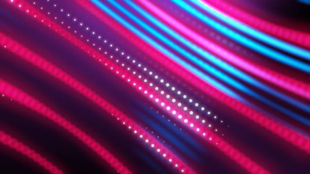 istock Energy power digital data transfer, neon colorful laser light path on stage with glare in cyber space background. Neon light line of global digital world model 3D rendering. 1167411997
