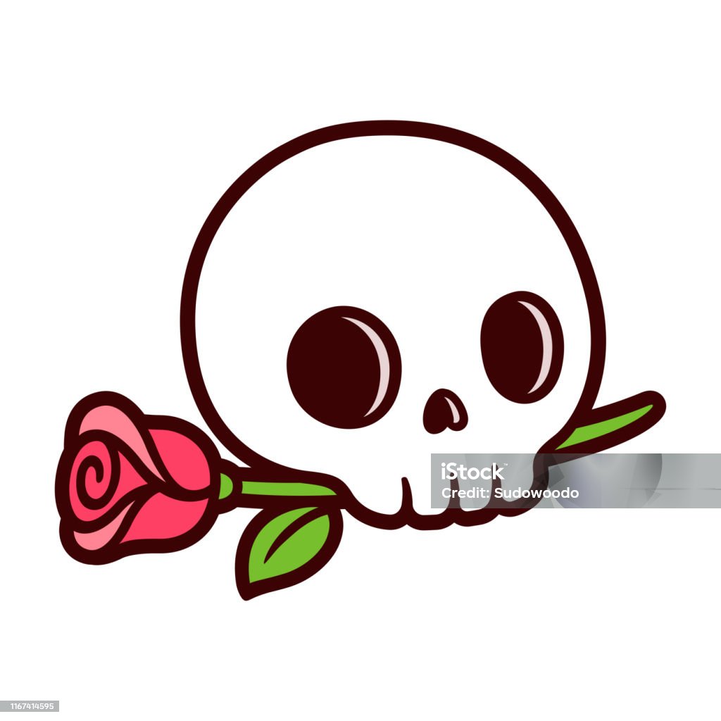 Skull with rose tattoo Cartoon skull with rose, traditional tattoo design in simple cute style. Isolated vector clip art illustration. Skull stock vector