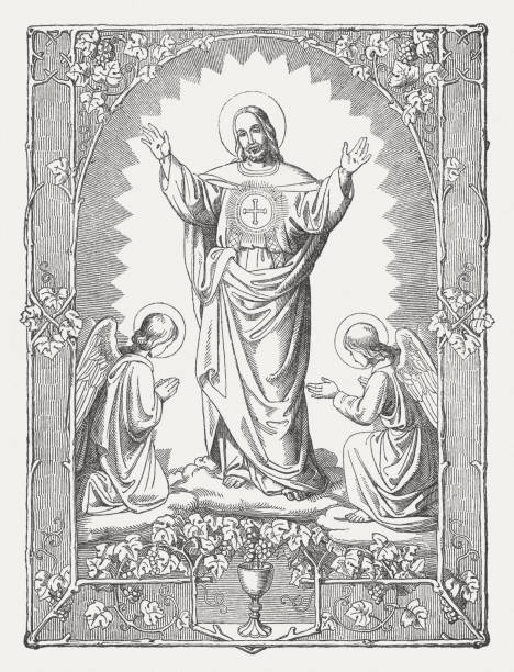 illustrazioni stock, clip art, cartoni animati e icone di tendenza di gesù cristo redentore, incisione su legno, pubblicato nel 1850 - religious illustration