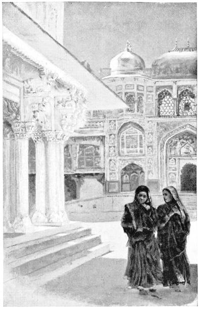 ilustrações de stock, clip art, desenhos animados e ícones de women at amer fort in jaipur, india - british raj era 19th century - british empire illustrations