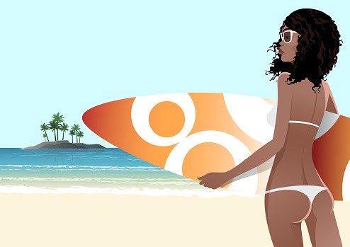 Afro girl in white bikini and sunglasses holding surfboard